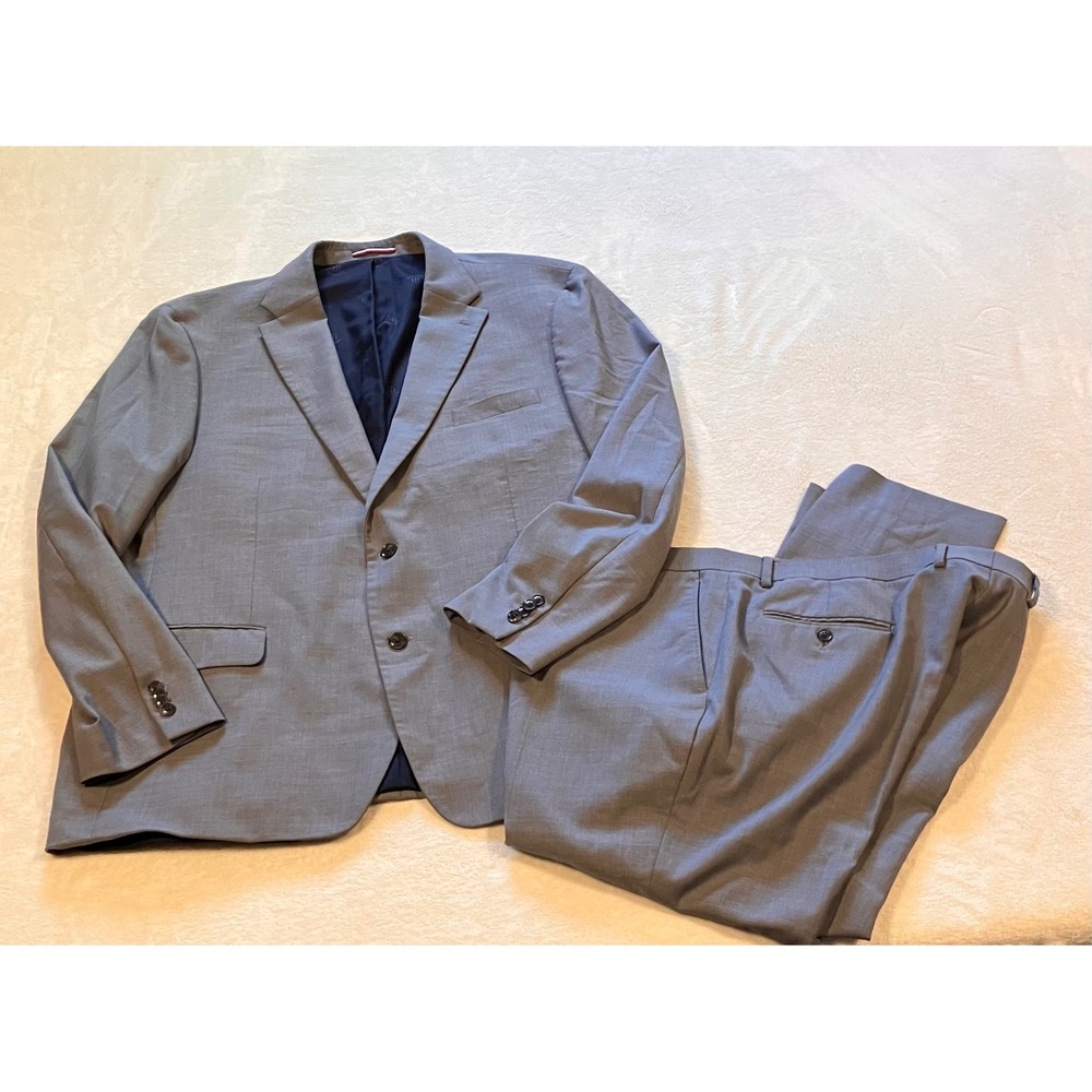 Tommy Hilfiger Suit Mens 50L 42W Grey Wool Blend 2 Piece Blazer Trousers Set